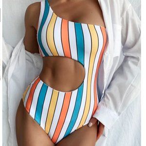 Shein Striped Cut-out One Shoulder One Piece Swimsuit Small
